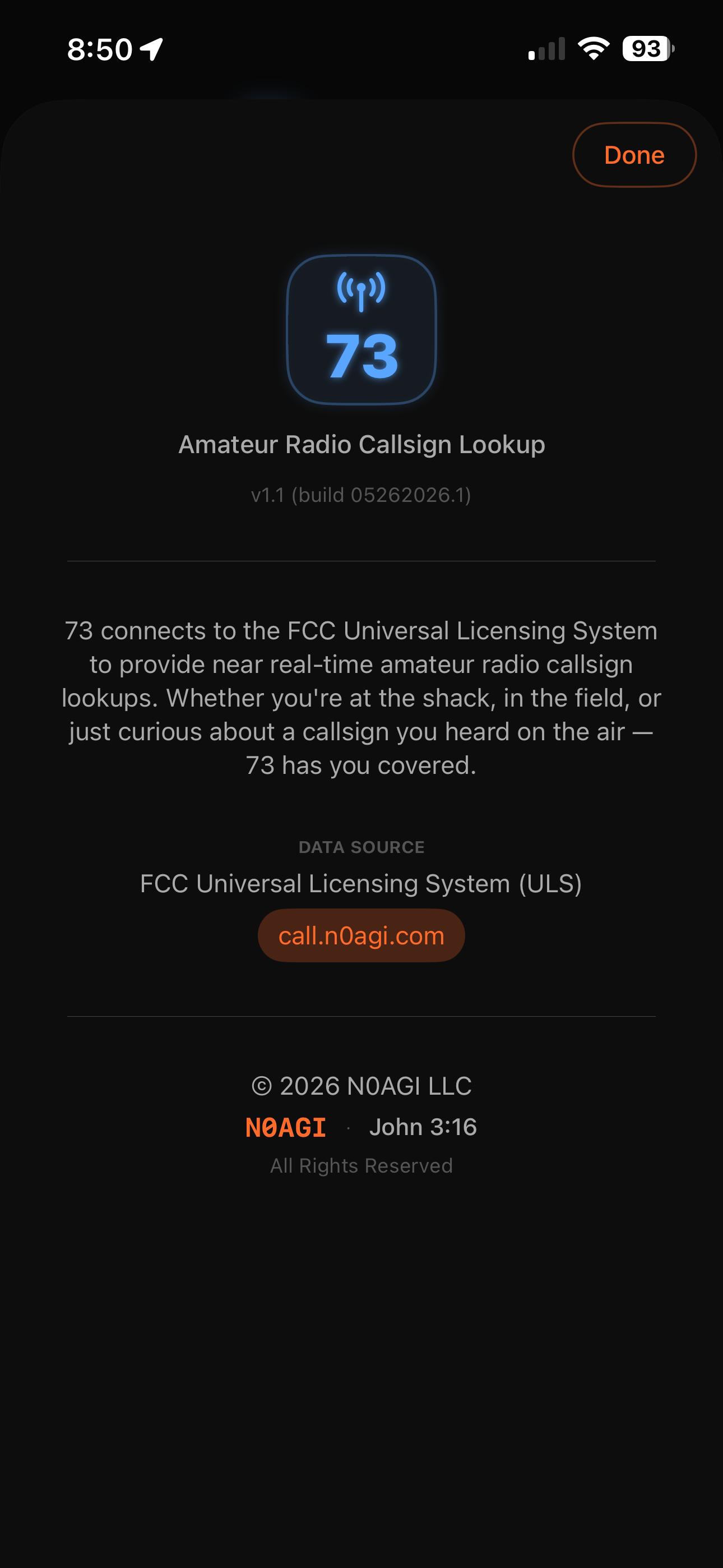 73 About panel showing v1.1 (build 05262026.1) and the FCC ULS data source pill linking to call.n0agi.com
