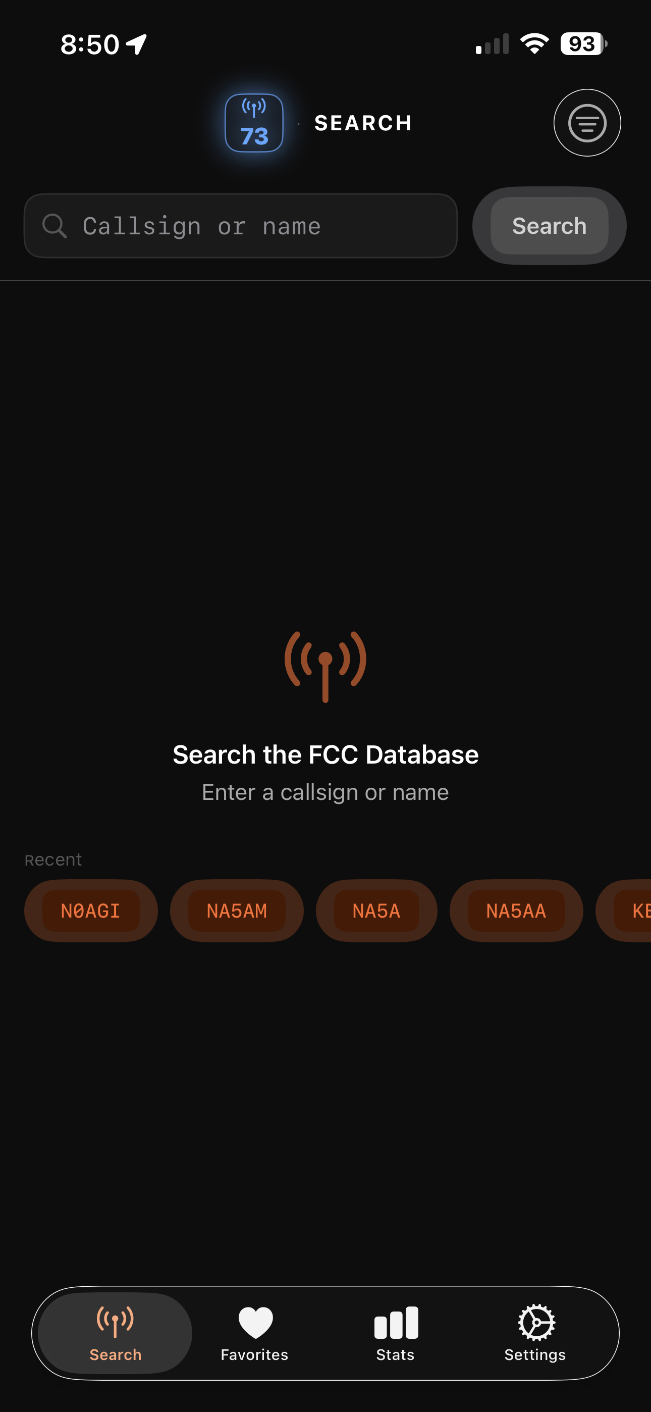 73 Search screen with a callsign-or-name field, Search button, and a row of recent searches as orange chips