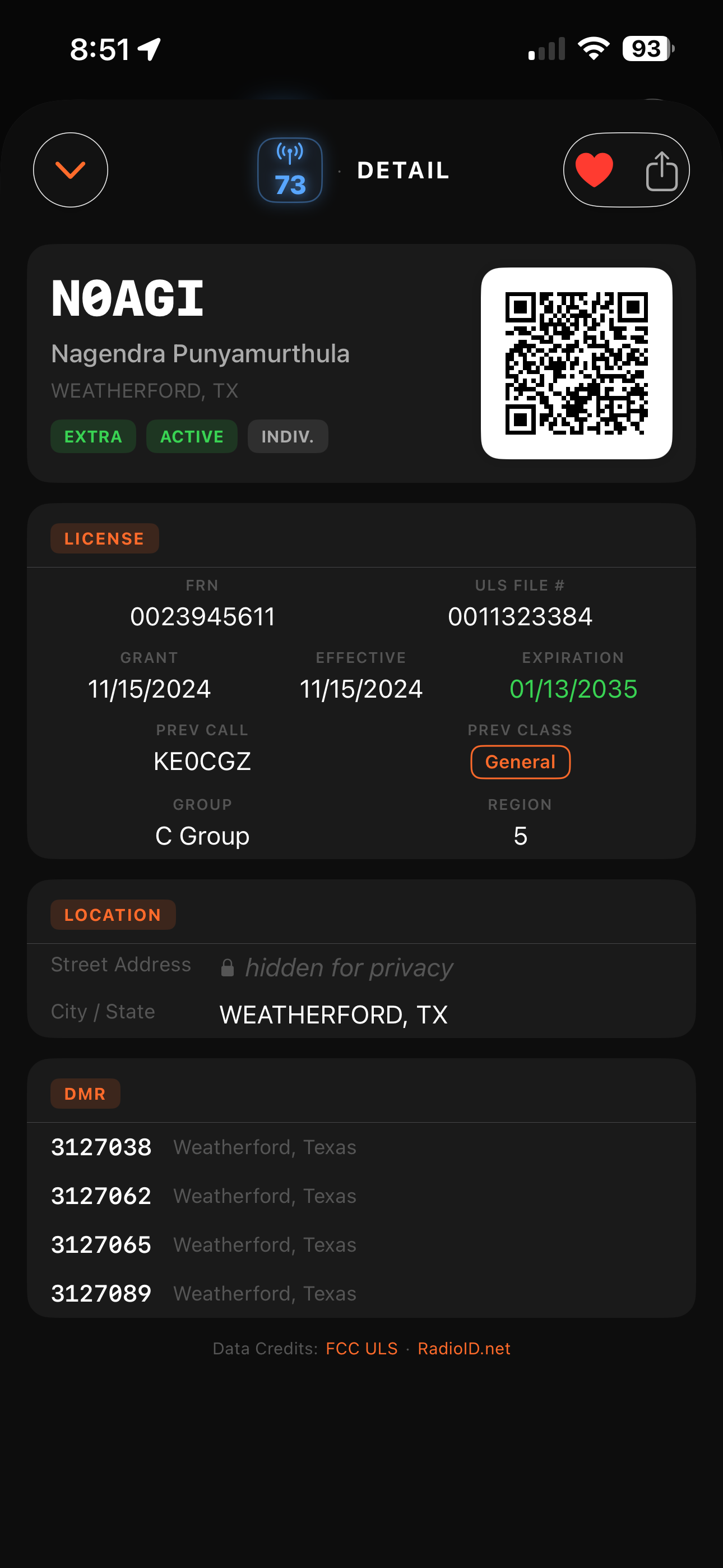 73 detail card for N0AGI — license class Extra, status Active, full FCC record fields, QR code, and DMR IDs visible