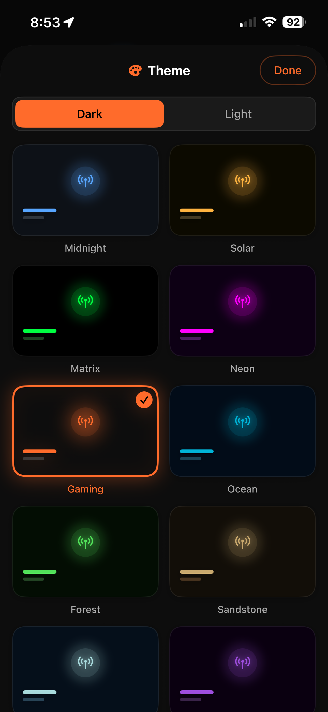 73 Theme picker showing 10 hand-crafted themes with Dark and Light variants, including Midnight, Solar, Matrix, Neon, Gaming, Ocean, Forest, and Sandstone, each with a matching app icon