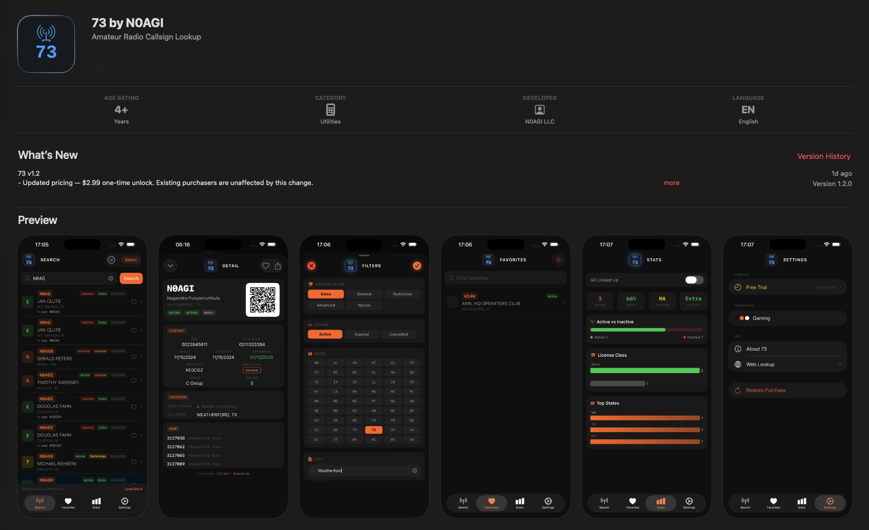 73 detail card for N0AGI — license class Extra, status Active, full FCC record fields, QR code, and DMR IDs visible