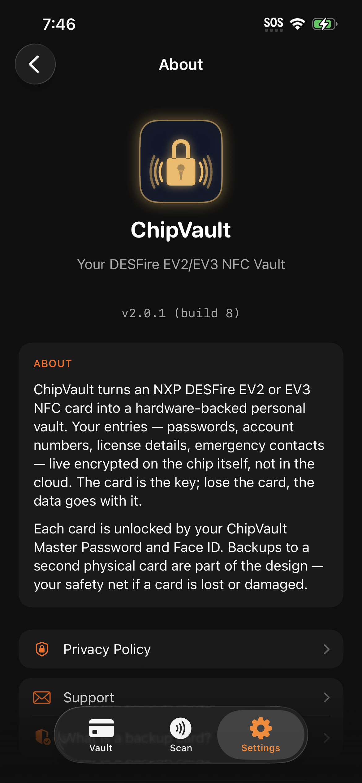 ChipVault About panel showing v2.0.1 and the tagline 'Your DESFire EV2/EV3 NFC Vault'
