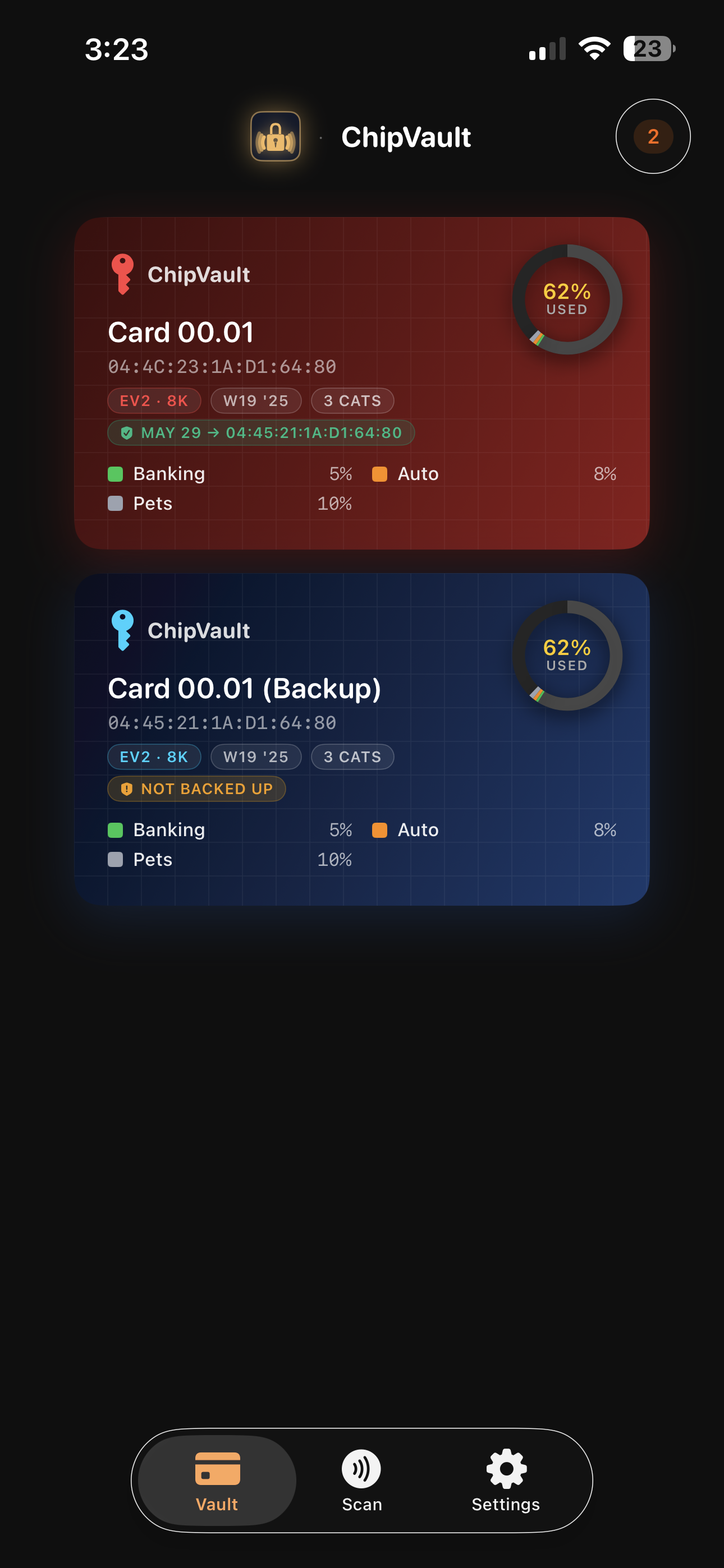 ChipVault card shelf — a source card in red and its backup card in midnight blue, each with a storage donut showing 62% used