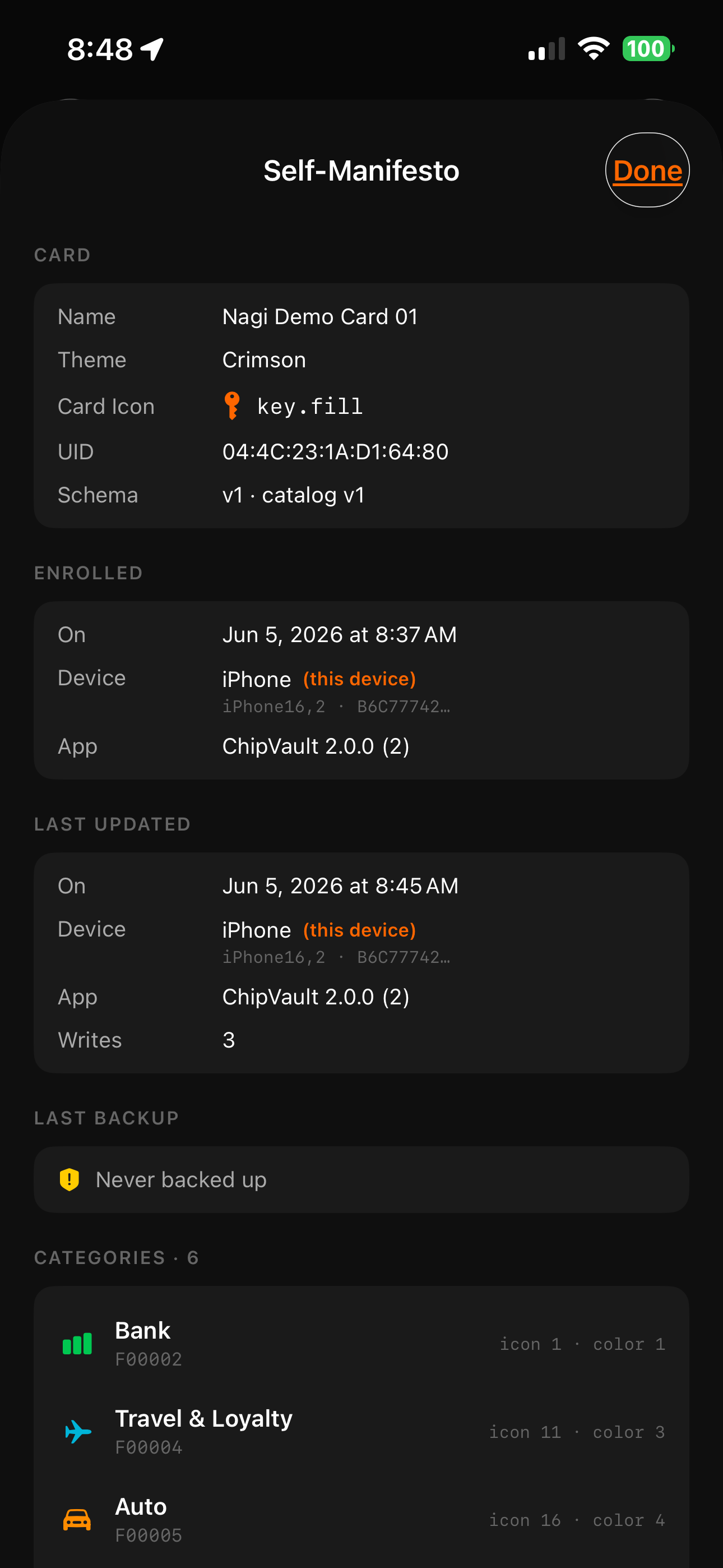 ChipVault Self-Manifesto screen showing card identity, enrollment provenance, last updated info, last backup state, and category list