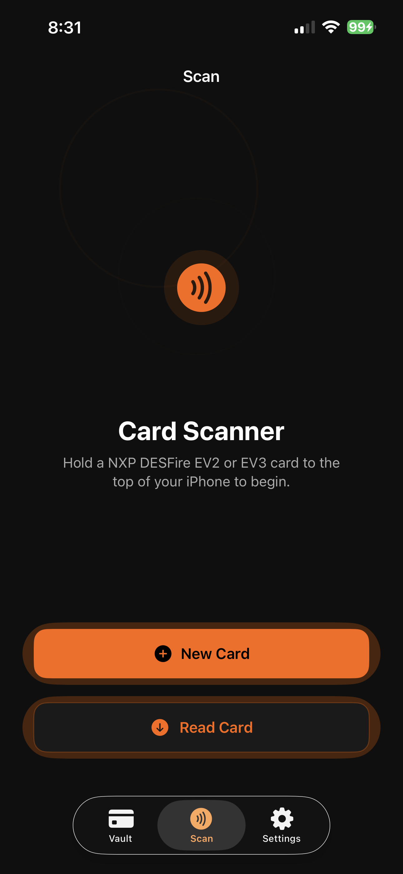 ChipVault Card Scanner screen prompting the user to hold a DESFire EV2 or EV3 card to the iPhone, with an inline message explaining a factory-blank card and New Card / Read Card actions