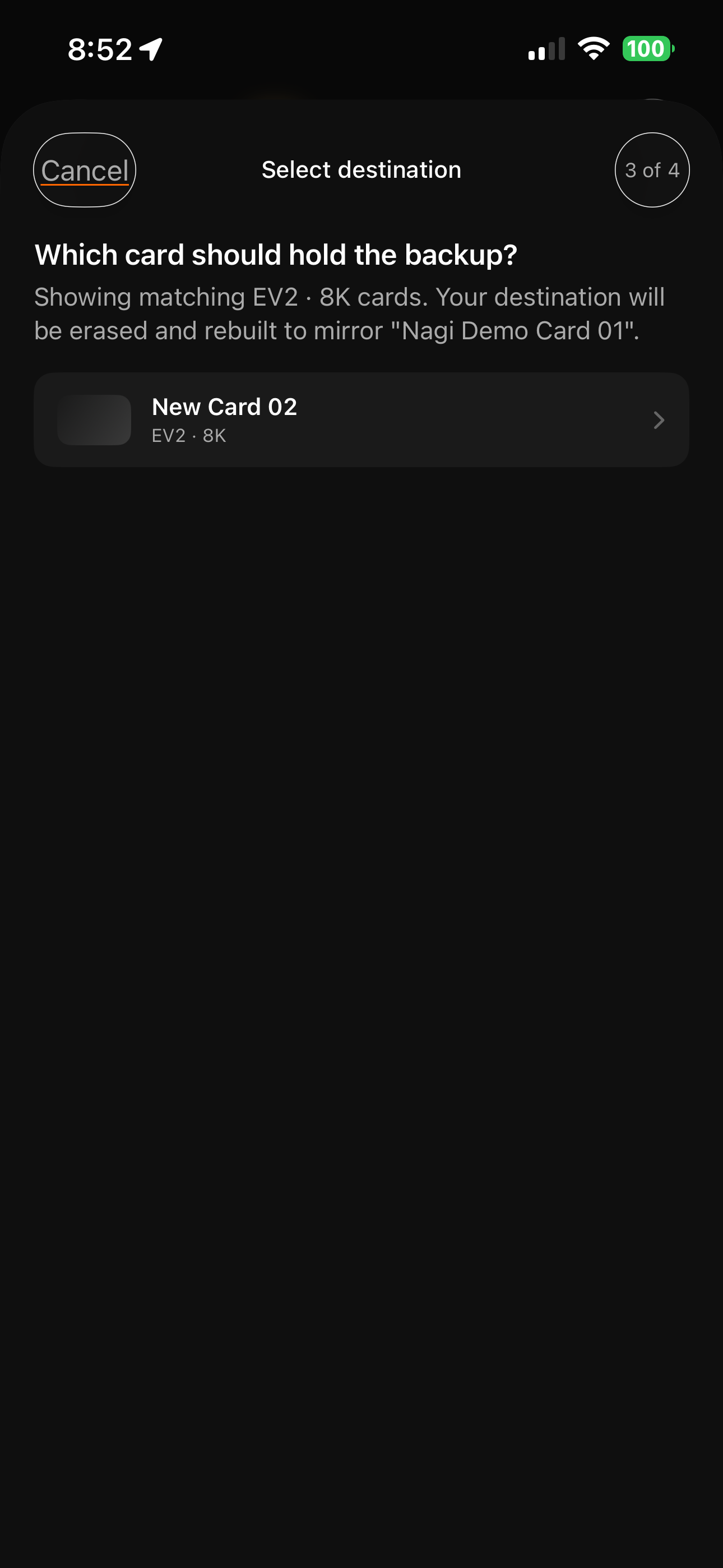 ChipVault Select destination screen showing 'Which card should hold the backup?' with a matching EV2 8K destination card listed, and explanatory text that the destination will be erased and rebuilt to mirror the source