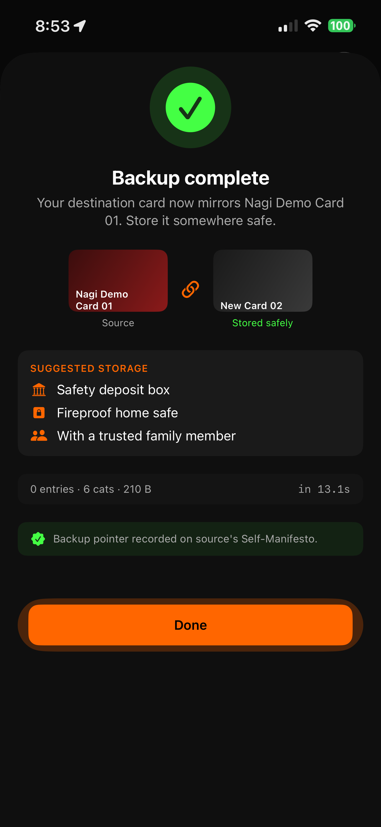 ChipVault Backup complete screen with green check, source and destination cards shown linked, suggested storage locations including safety deposit box and fireproof home safe, and confirmation that the backup pointer has been recorded on the source card's Self-Manifesto