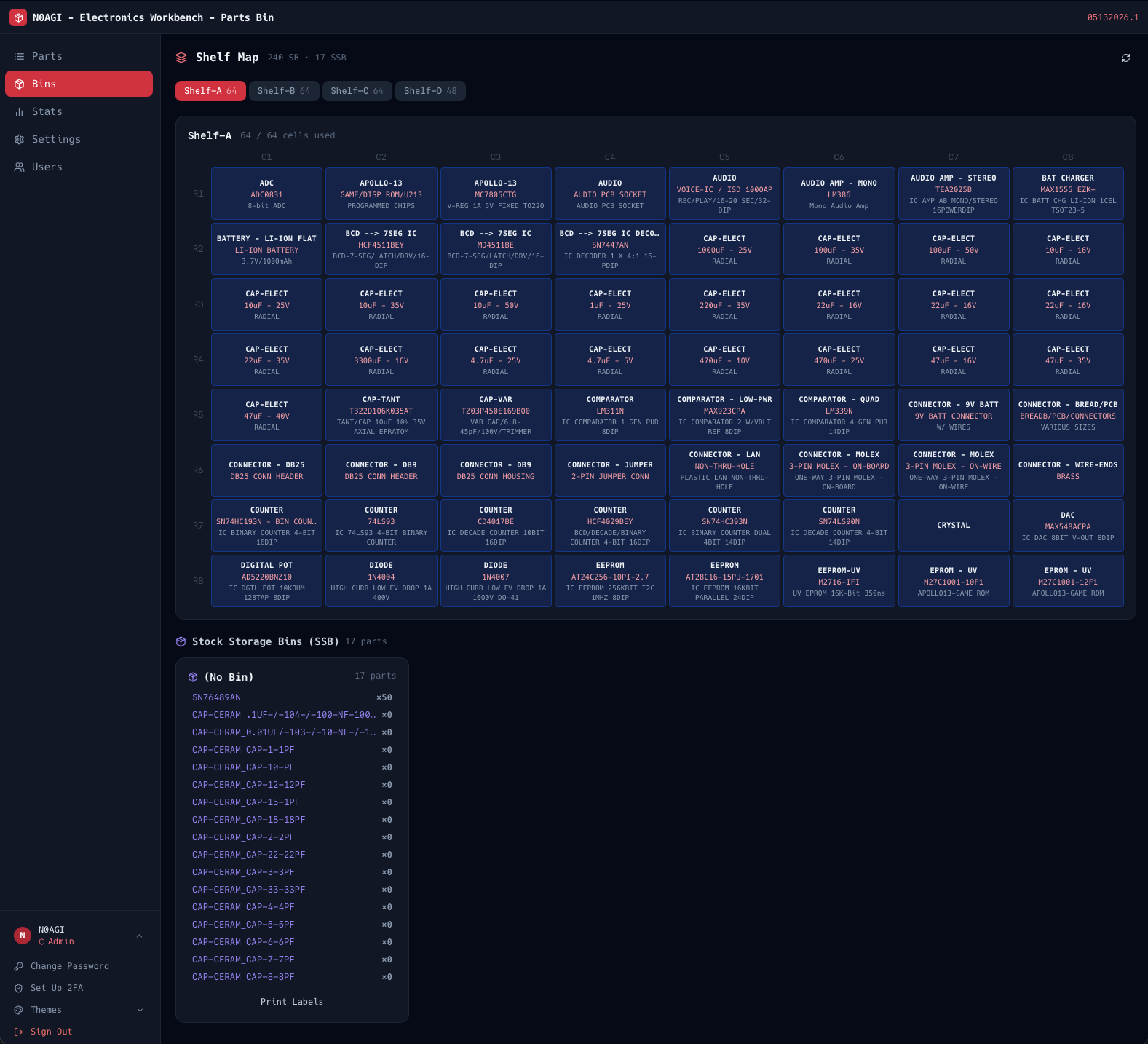 PartsBin Electronics Workbench dashboard — Shelf Map with rows of named Storage Bins (BATTERY, APOLLO 12, CAP-ELECT, CAPACITOR, etc.), tabs for Shelf A through D, and a Stock Storage Bins (SSB) list at the bottom showing per-part inventory codes