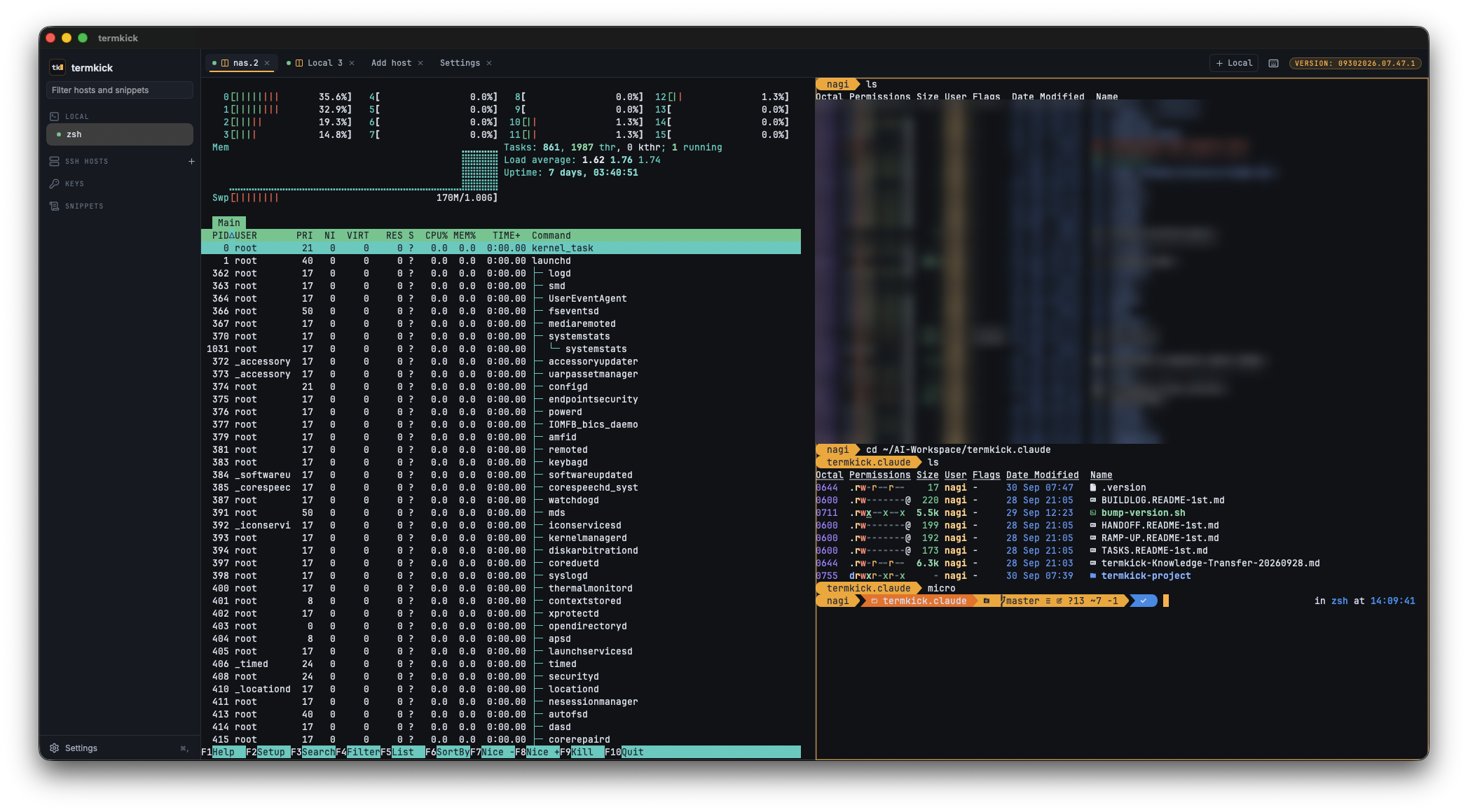 termkick with two panes side by side: htop in one, a local zsh shell in the other