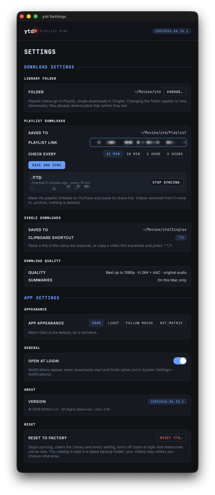 ytd Settings in dark appearance: library folder, playlist downloads, single downloads, download quality and app settings